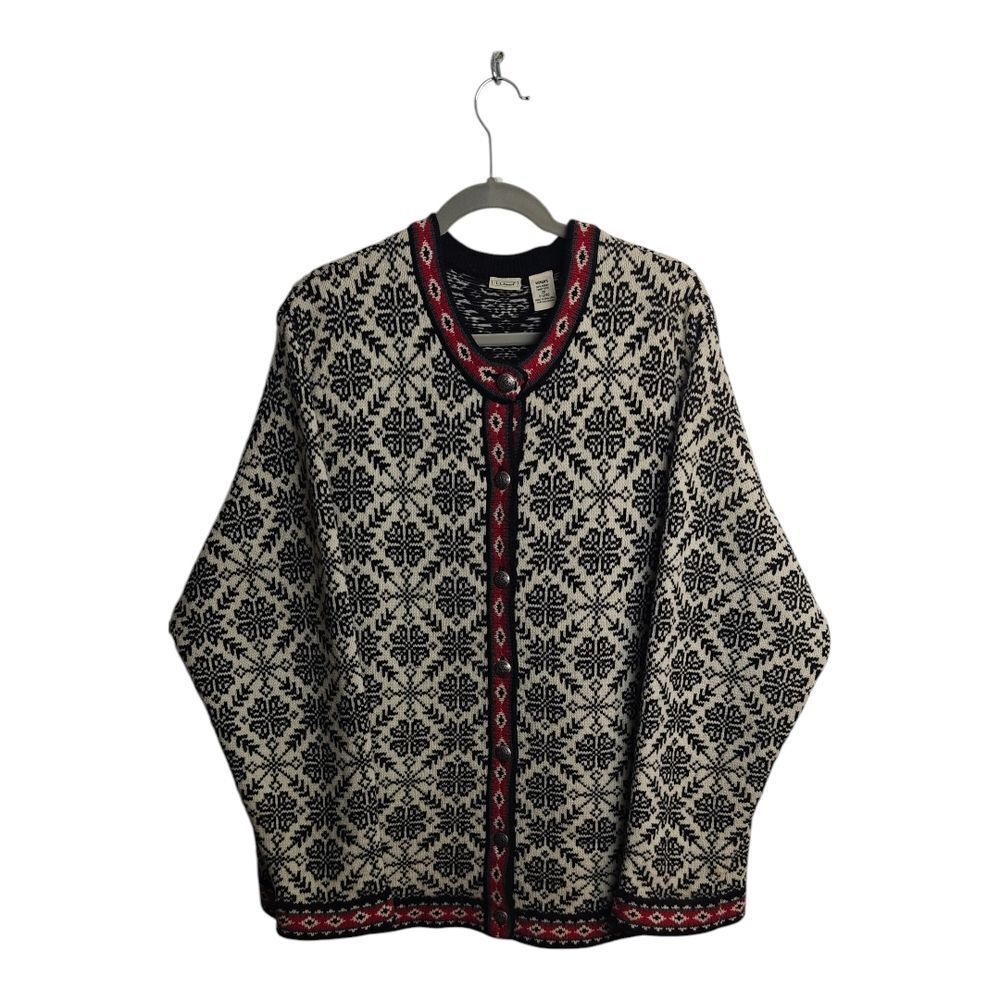L.L. Bean 100% Merino Wool Cream and Black Patterned Cardigan with Red Trim - Picture 3 of 7